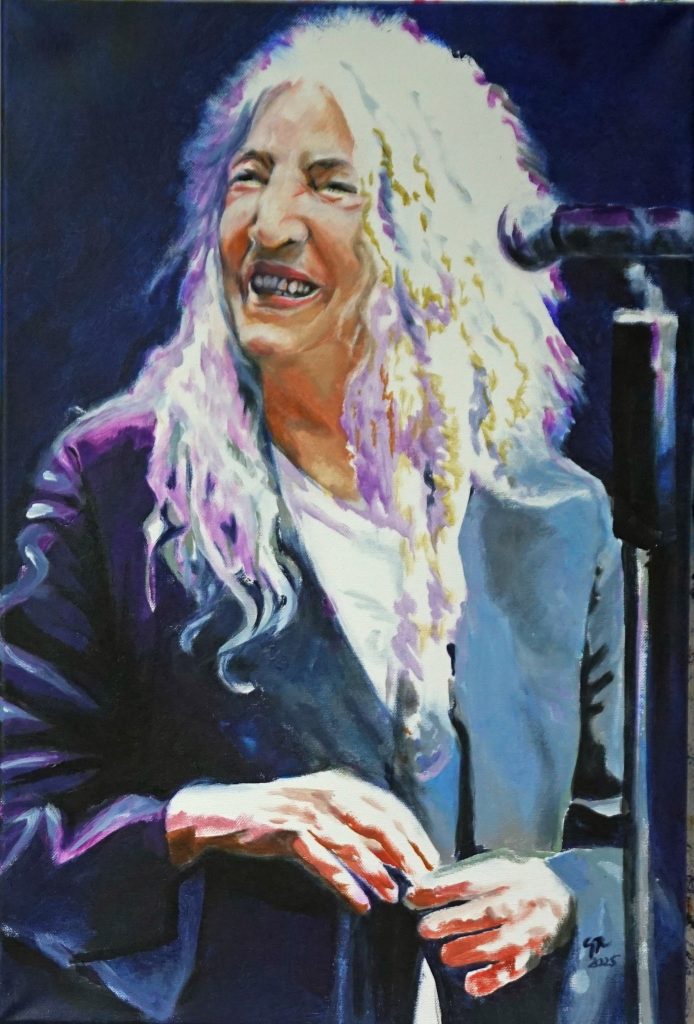 Patti ´Smith in Berlin 2022, Acrylpainting, Patti Smith in Berlin 2022, Acrylmalerei von Gabriele Riedel 2025 , 60*80 cm, Quelle: Foto von Elena Ternovaja, Patti Smith in Berlin, 2022
