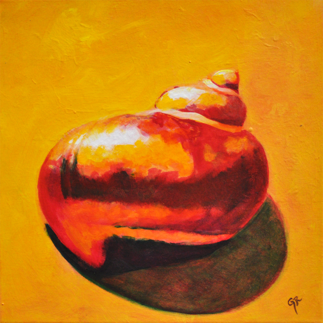 Rote Strandmuschel, Acrylbild, Acrylpainting, 30*30 cm, 2026, copyright gabriele riedel, https://gabriele-riedel-art.de